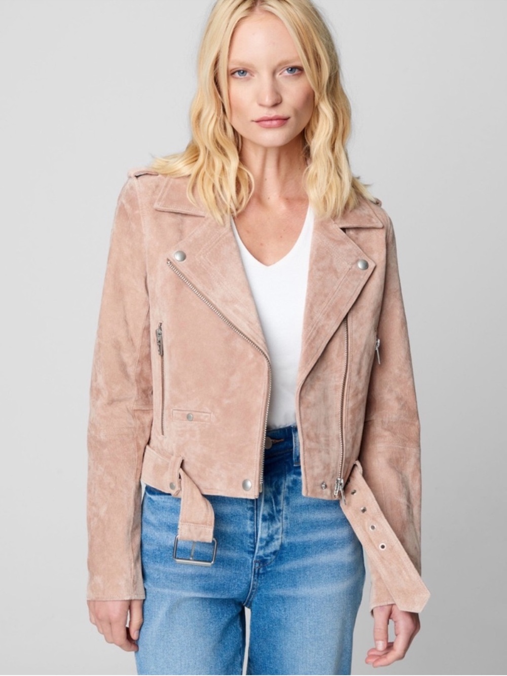 BlankNYC Blush Desert Pink 100% Genuine Suede Leather Cropped Moto Jacket Small